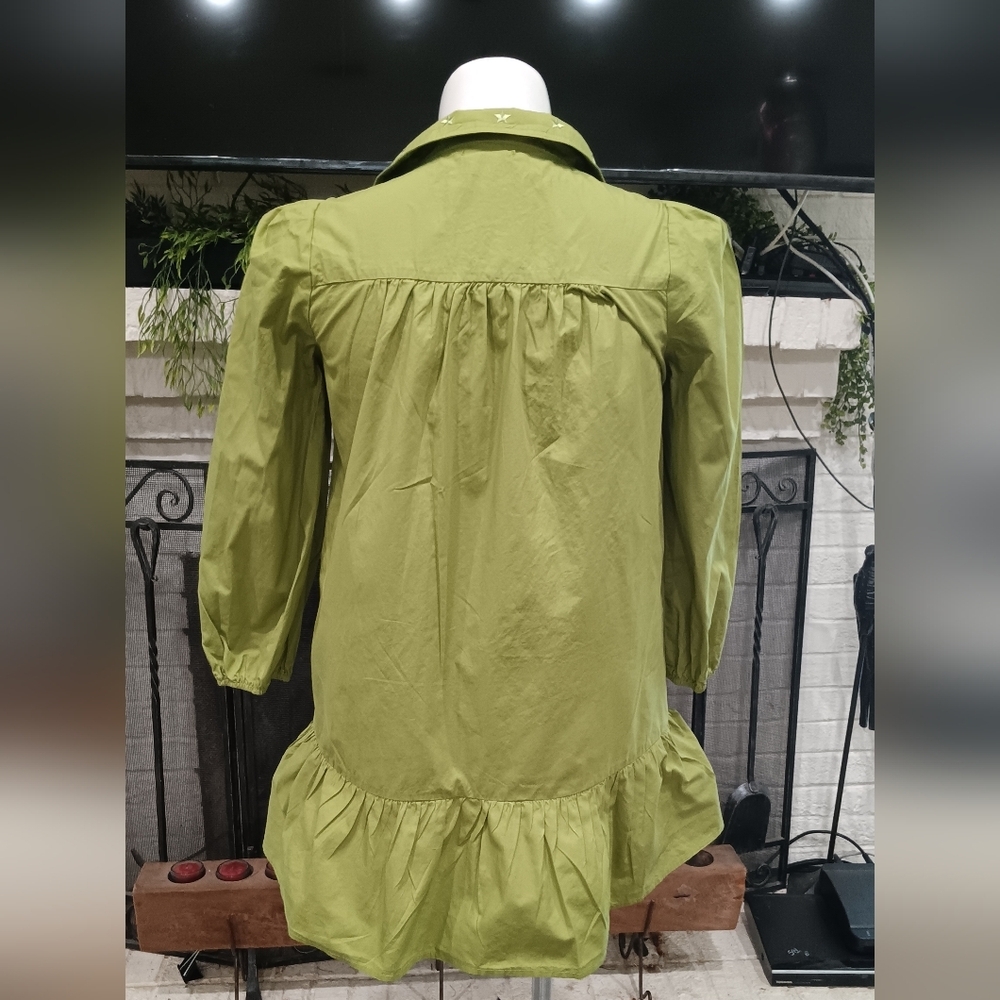 Day + Moon Mini Dress Sz M Olive Green Star Embroidered Collared Ruffle Cotton - Picture 4 of 12